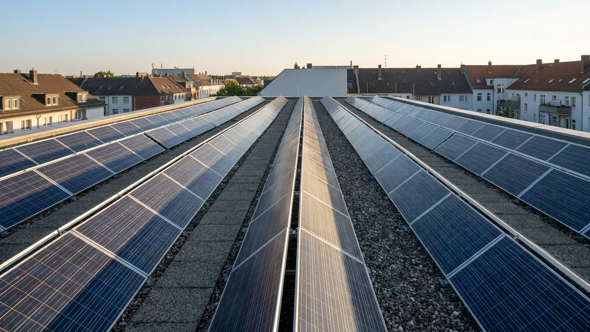 Ost-West-Solaranlage auf einem Flachdach im Morgenlicht
