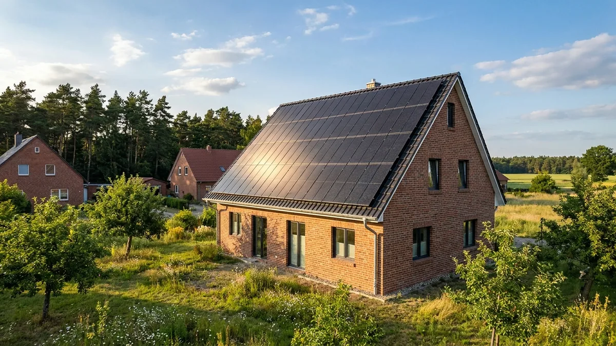 Einfamilienhaus mit Photovoltaik auf dem Süddach in einem Dorf in Brandenburg