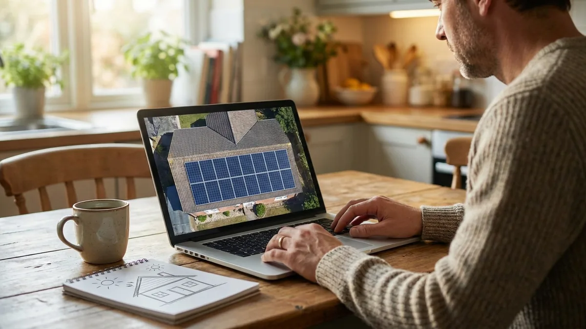 Hausbesitzer plant die Modulbelegung seines Dachs am Laptop