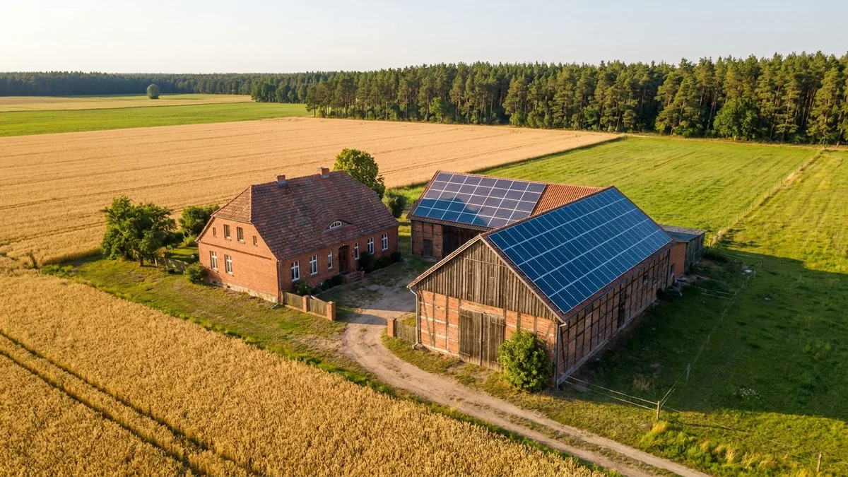 Bauernhof in Brandenburg mit großer Solaranlage auf der Scheune