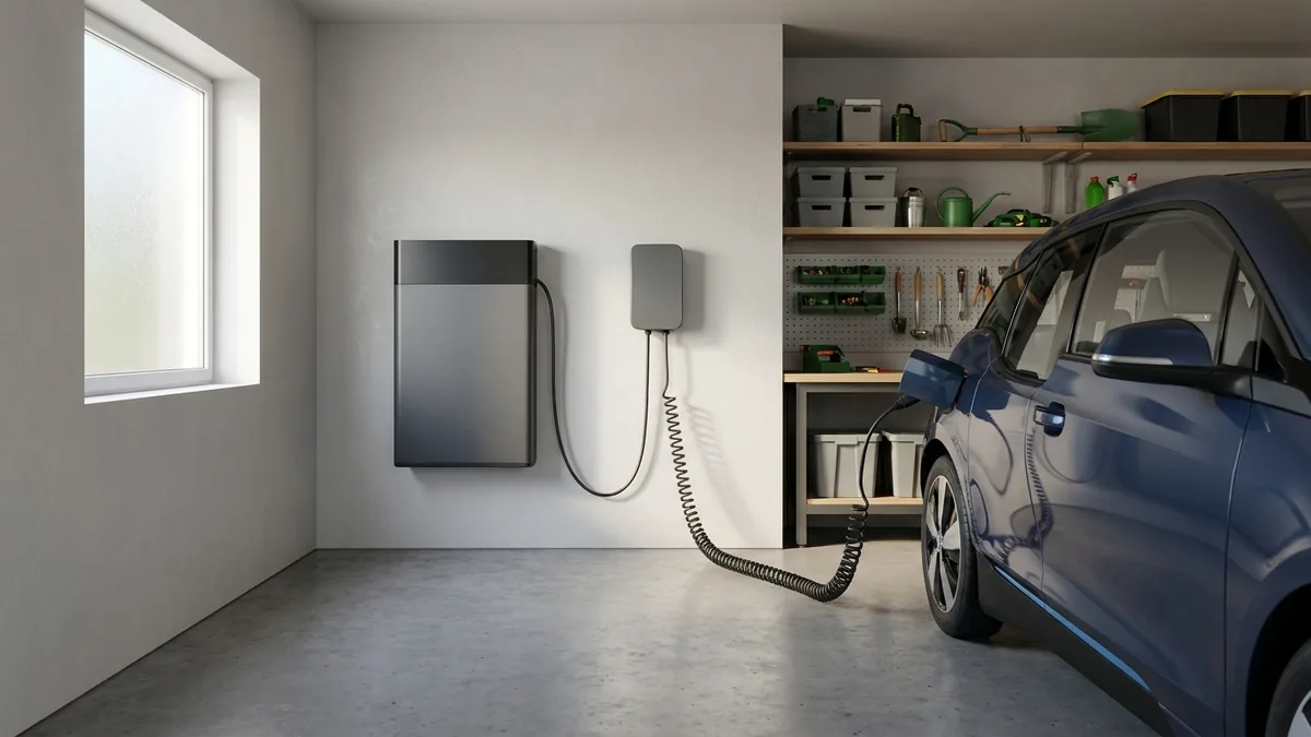 Garage mit Batteriespeicher und Wallbox, an der ein Elektroauto lädt